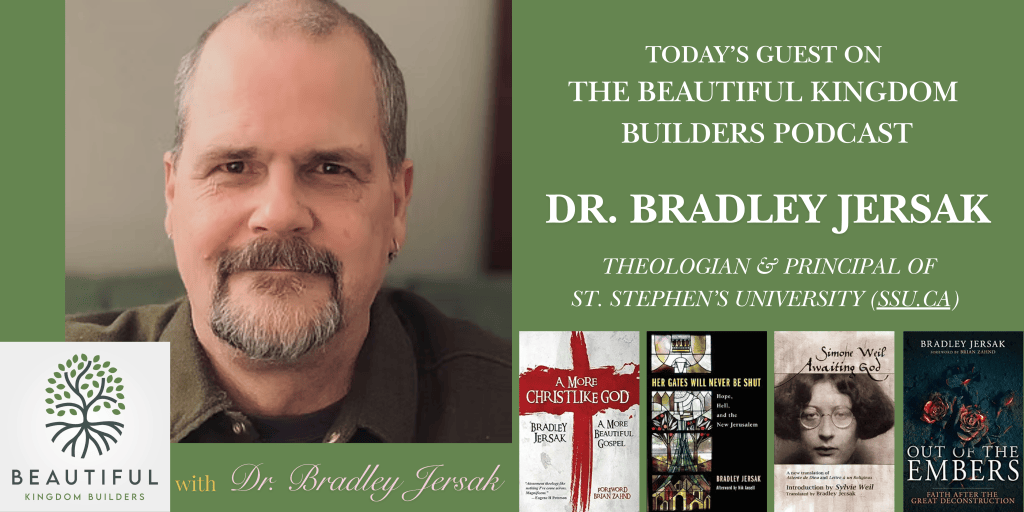 A promotional image for The Beautiful Kingdom Builders Podcast featuring Dr. Bradley Jersak, a theologian and principal of St. Stephen's University. The image includes a logo, a photo of Dr. Jersak, and covers of his published books.